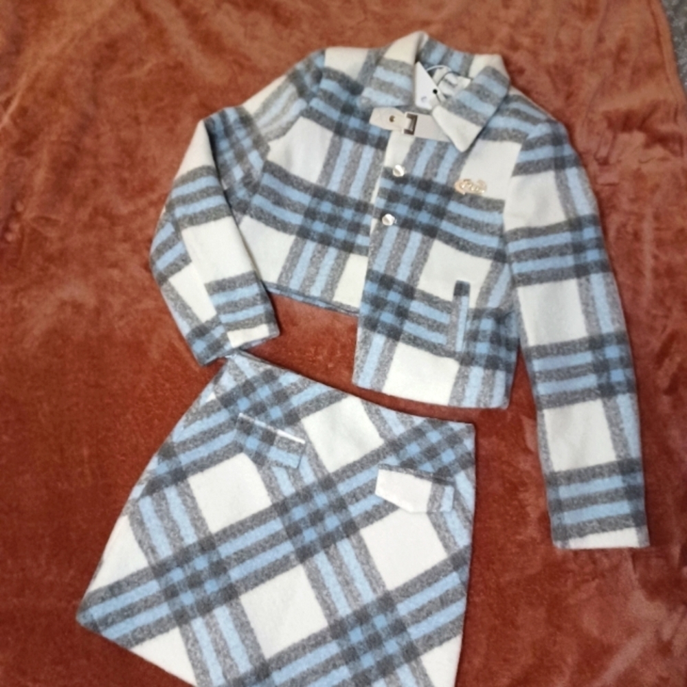 NWT Blue white grey lined winter mini skirt jacket set ladies large structured